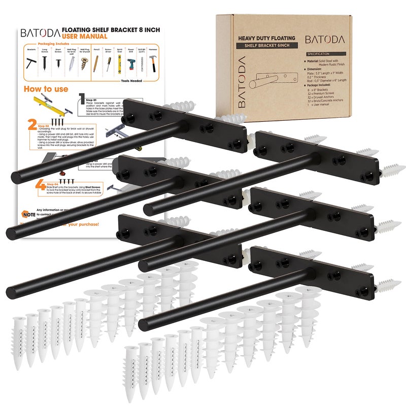 BATODA - 8" Floating Shelf Bracket Heavy Duty (6 pcs) â€“Solid Steel Blind Shelf Supports - Hidden Brackets for Floating Wood Shelves - Blind Shelf Support - Shelving Mounting Hardware Included (Pack 6) - Image 1